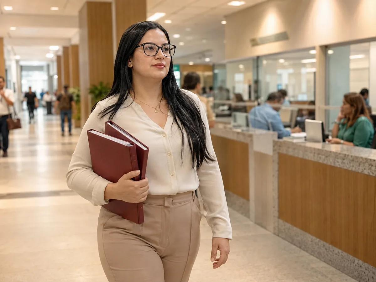 Acompanhamento de processos em órgãos públicos Mulher caminhando por um corredor de atendimento ao público levando uma pasta de documentos