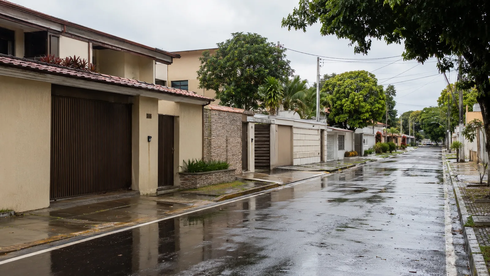 Rua residencial em Manaus Rua residencial com casas muradas e árvores, com o asfalto molhado depois da chuva