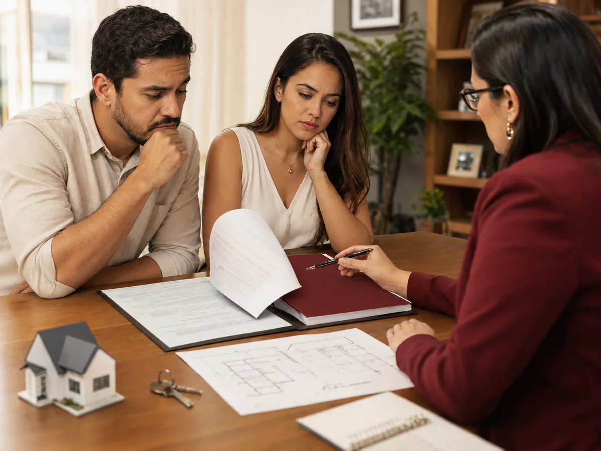 Casal analisando um contrato de imóvel junto de uma profissional, com maquete de casa e chaves sobre a mesa