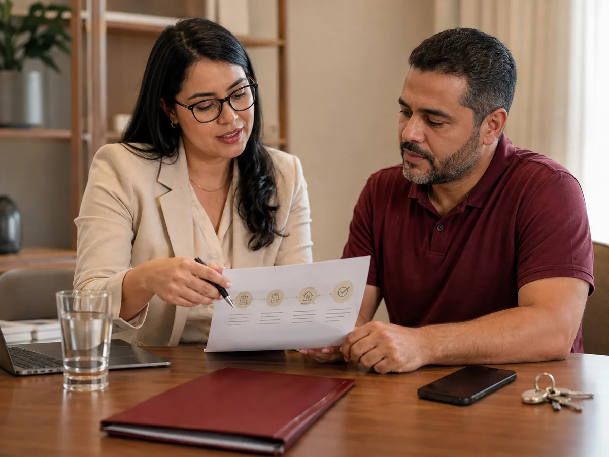 Profissional explicando um documento a um cliente sentado do outro lado da mesa
