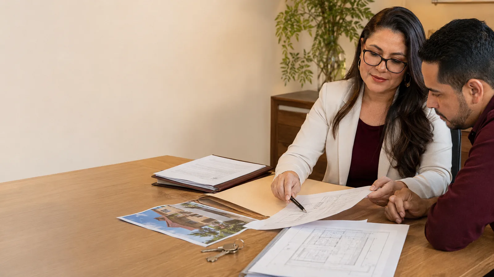 Profissional apontando um ponto da planta do imóvel durante reunião com um cliente à mesa