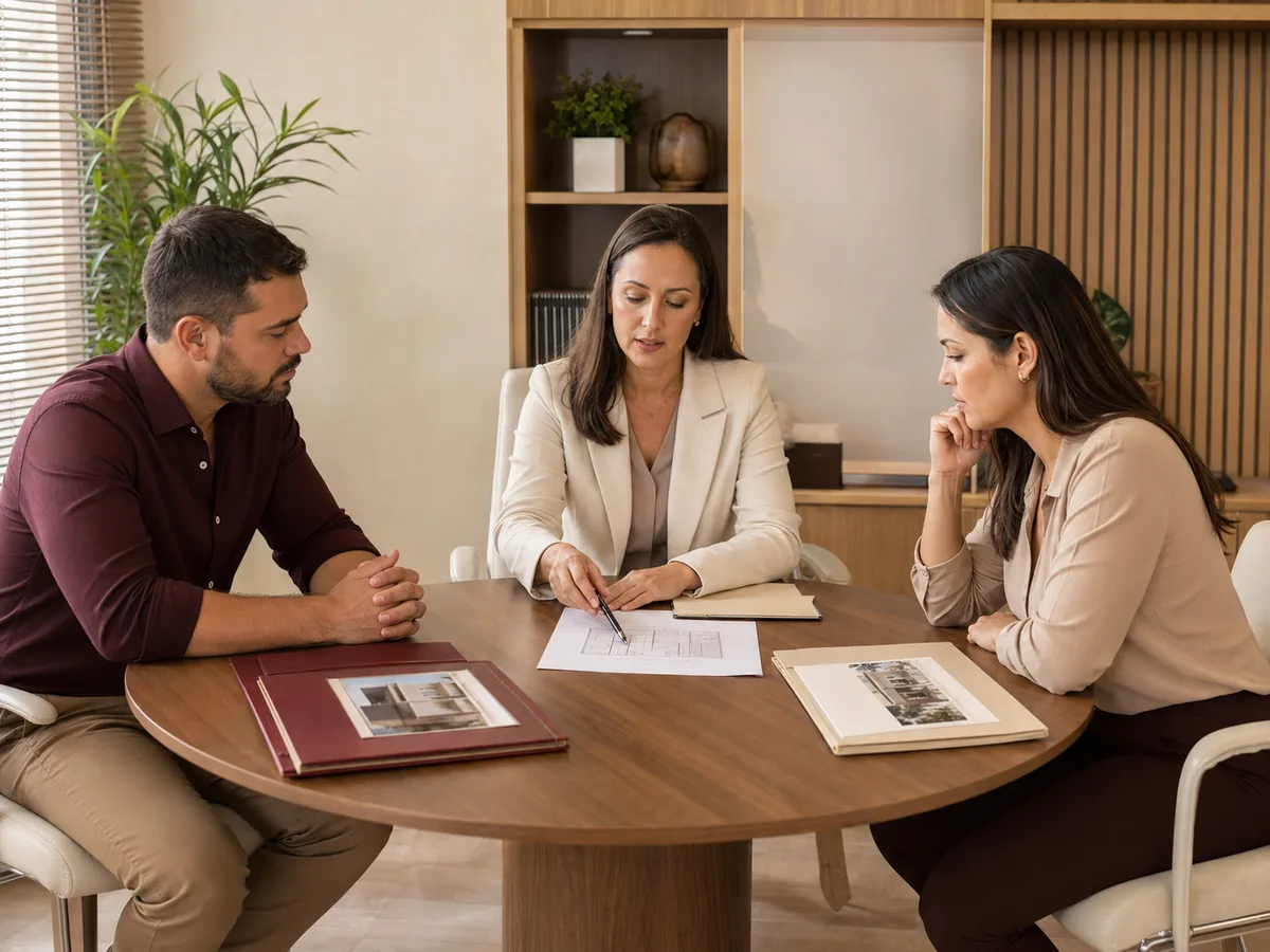 Três pessoas reunidas ao redor de uma mesa de madeira analisando a planta e os documentos de um imóvel