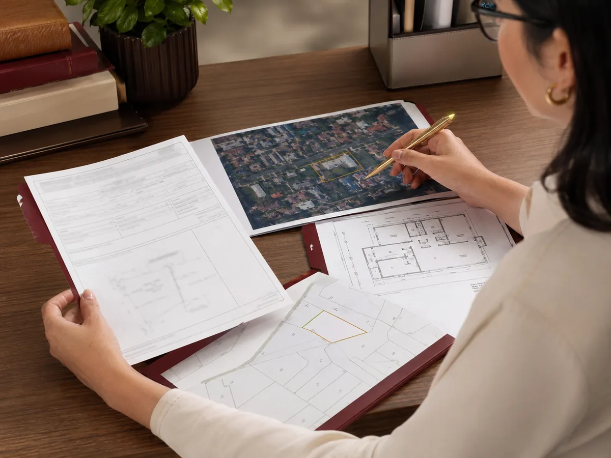 Mãos conferindo a planta de um imóvel sobre um mapa aéreo da região, com documentos ao lado