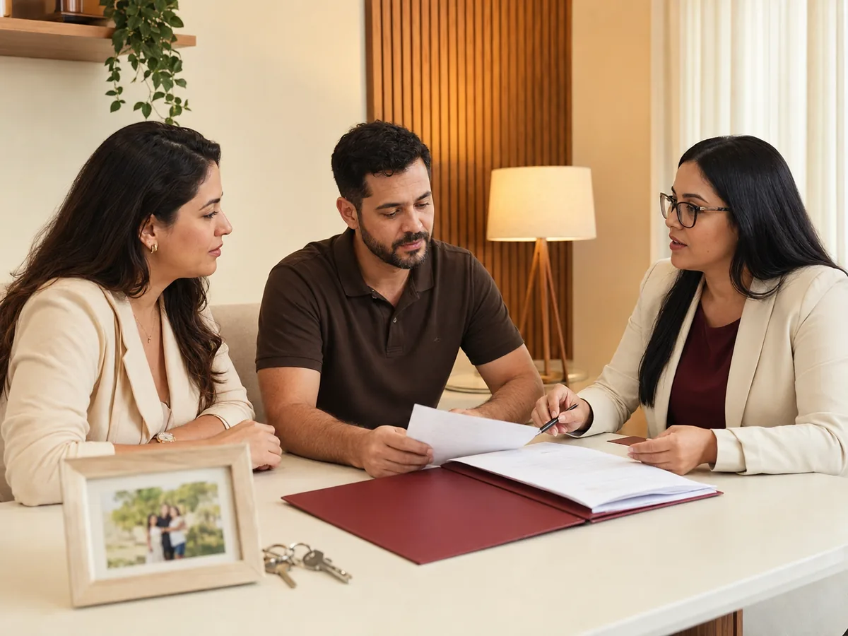 Atendimento a família sobre documentação de imóvel Casal sentado à mesa durante atendimento com uma profissional, com documentos e porta-retrato sobre a mesa