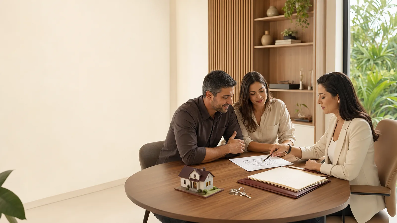 Casal em reunião com uma profissional ao redor de mesa redonda, analisando a planta de um imóvel
