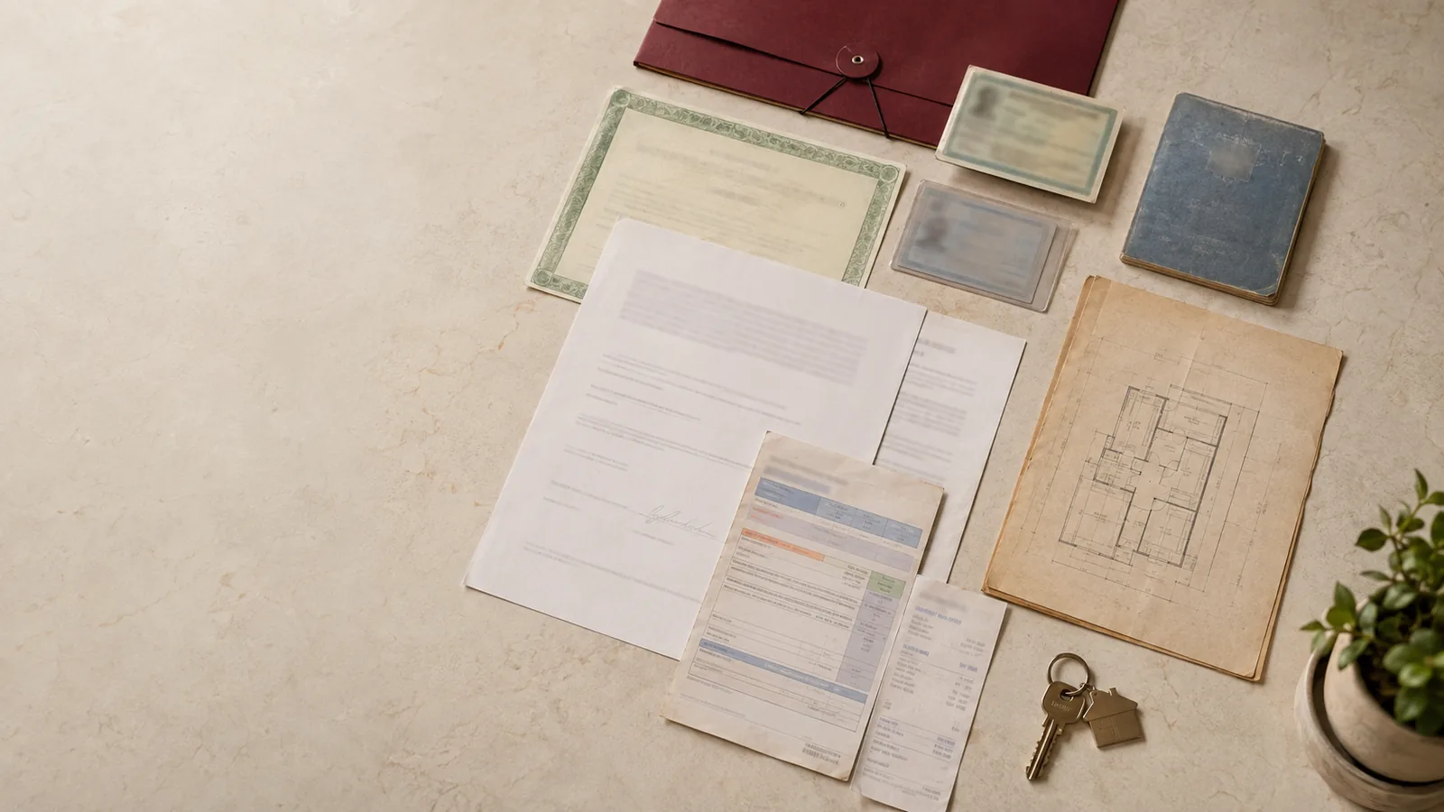 Vista de cima de documentos de imóvel, certidões, planta e chaves organizados sobre uma superfície clara