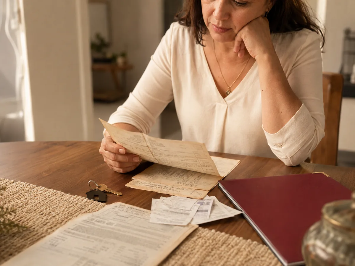 Mulher sentada à mesa observando com preocupação documentos antigos e comprovantes de um imóvel