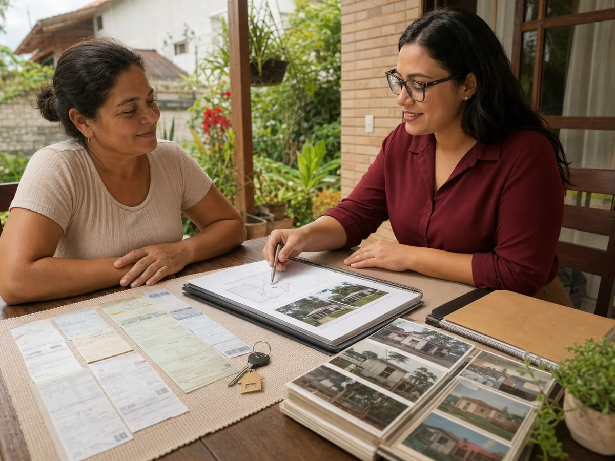 Duas mulheres sentadas à mesa reunindo documentos, plantas e fotos de um imóvel
