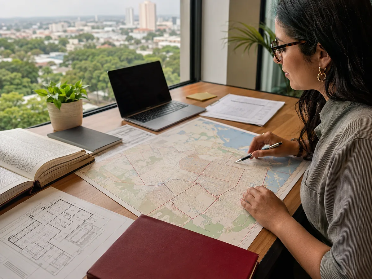 Mulher analisando um mapa urbano sobre a mesa de trabalho, ao lado da planta do imóvel e de um notebook