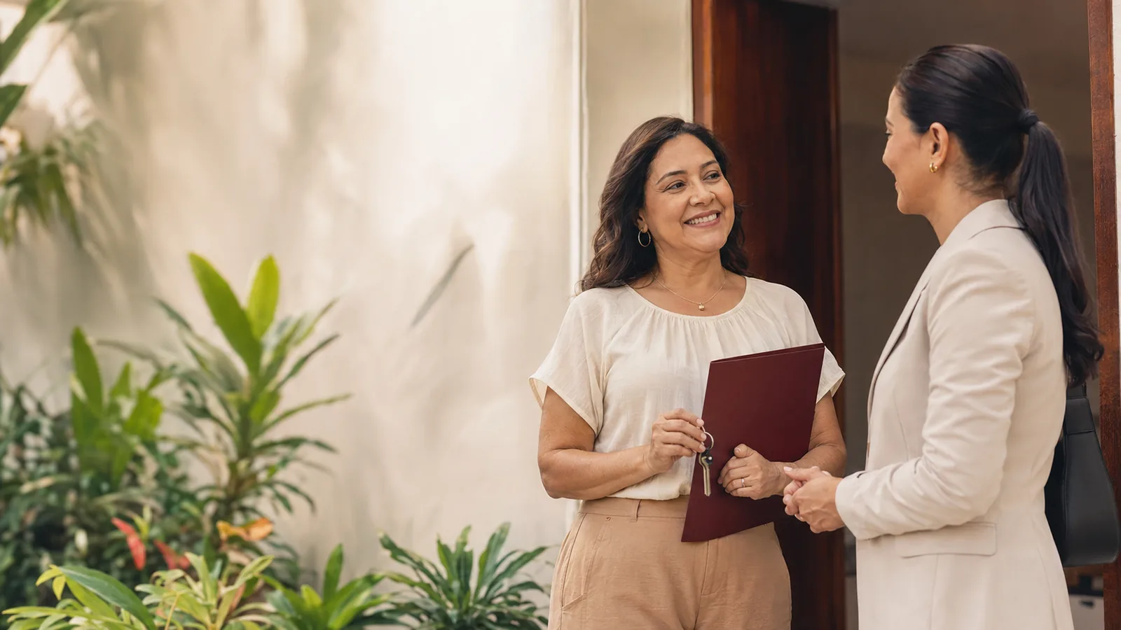 Duas mulheres conversando na entrada de uma casa, uma delas com pasta de documentos e chaves na mão
